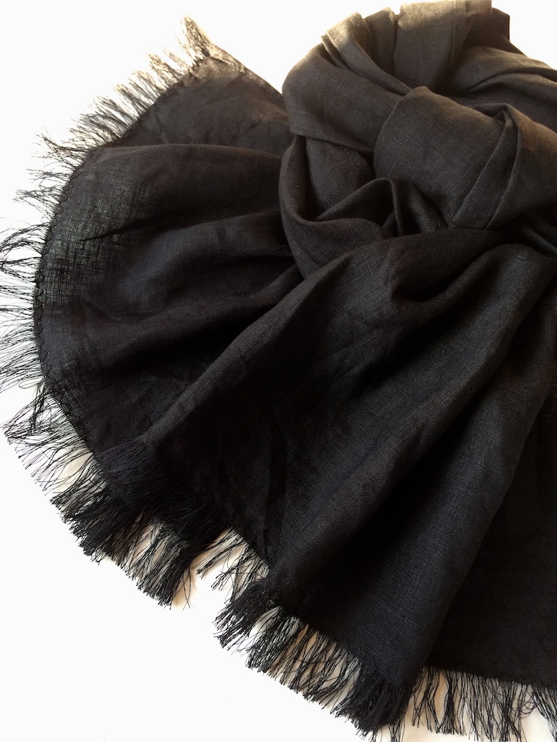 Black linen scarf, black solid pure flax unisex shawl, frayed skinny men's scarf in minimalist style, gift for him or her, casual outfit image 6