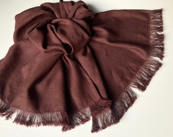 Maroon brown scarf, soft frayed linen viscose unisex shawl, solid brown women's head wrap, gender neutral gift in minimalist style