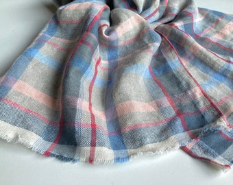 Checked pink blue scarf, natural linen unisex spring shawl, mens casual outfit, small scarflette, pure flax scarf, gift for husband