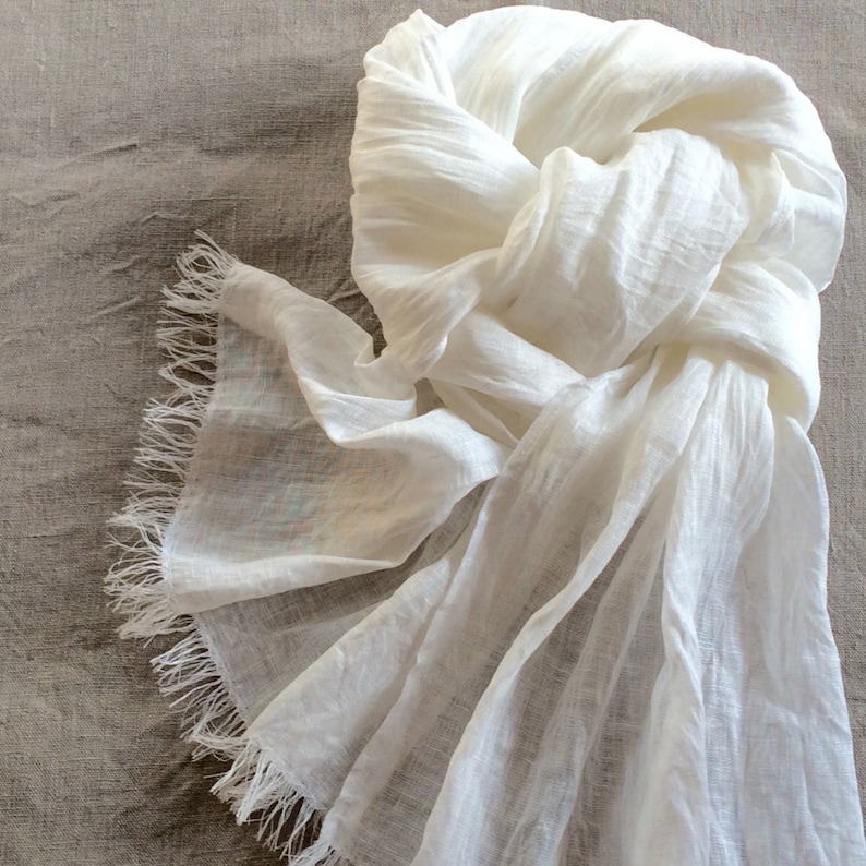 White linen scarf gift for her washed gauzy bridal scarf with fringe long lightweight shawl for women for men