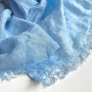 Soft blue linen scarf, frayed thin lightweight gauzy pure flax women's scarflette, light sky blue neck warmer, summer gift for mom