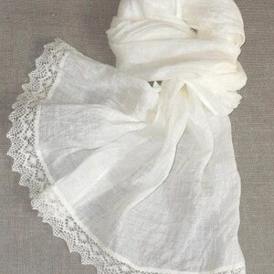 Linen Bridal Shawl: Ivory White Scarf with Crochet Lace, Large Wedding Wrap, Prayer Veil image 5