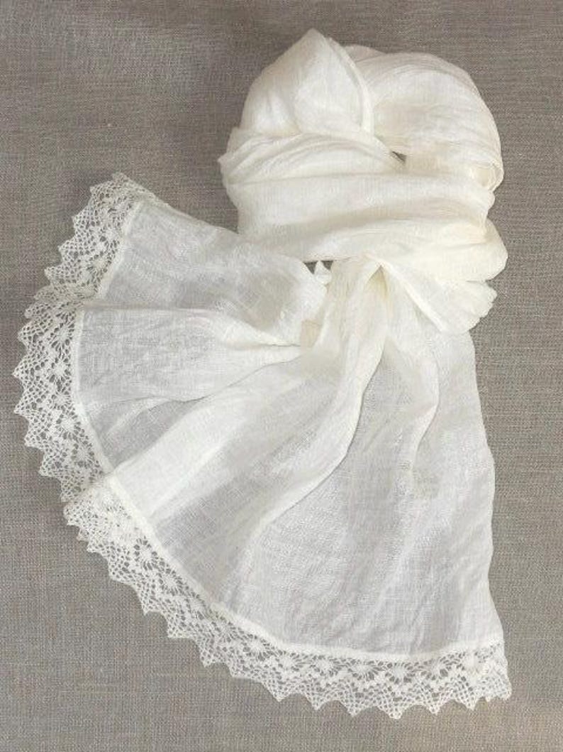 Linen Bridal Shawl: Ivory White Scarf with Crochet Lace, Large Wedding Wrap, Prayer Veil image 5