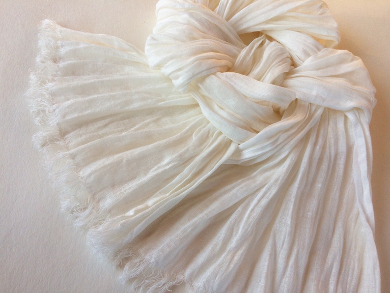 White linen scarf gift for her washed gauzy bridal scarf with fringe long lightweight shawl for women for men