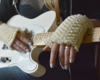 Ivory fingerless gloves wool knitted lace womens gloves musician arm warmers