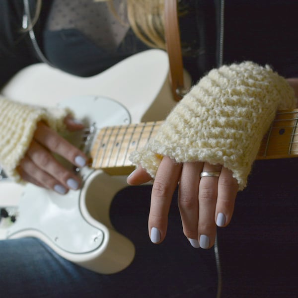 Ivory fingerless gloves wool knitted lace womens gloves musician arm warmers