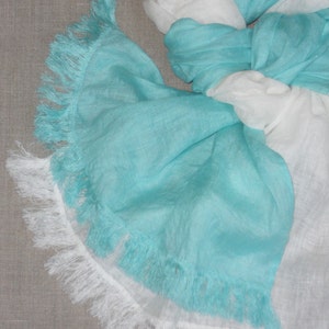 White mint linen scarf, washed wrinkled organic gauzy linen unisex shawl, gift in beach colors
