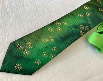 Handpainted green fern necktie, OOAK gift for him, gift for nature lover or gardener, gift for dad, mens accessory, Fathers day gift