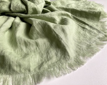 Soft pear green pure linen scarf, pastel pistachio green solid stonewashed flax men's shawl, frayed neutral gender wrap in minimalist style