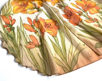 Handpainted floral scarf, daylily shawl in tawny brown beige orange colors, lightweight chiffon scarflette, handmade gift for mom