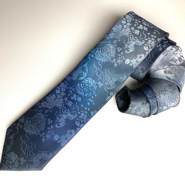 Gray Blue Silk Necktie: Hand Painted Designer Tie, Floral Jacquard Men's Neck Tie