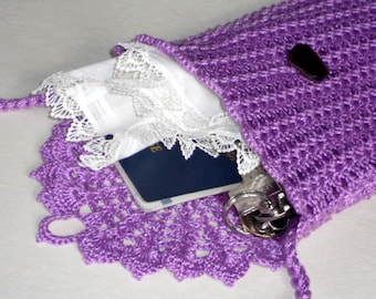 Lilac wallet purse crochet lace shoulder bag violet cotton pouch with long strap travelers bag