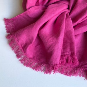 Bright pink linen scarf, frayed solid hot pink woman's shawl, magenta pure linen unisex minimalist style scarf, casual fashion accessory