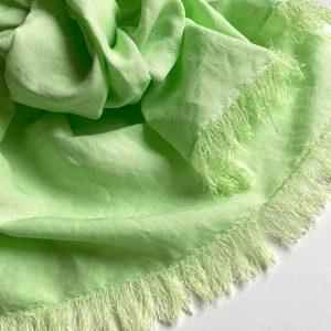 Neon green linen scarf, lime pure flax long frayed scarf, yellow green lime color women&#39;s shawl, head kerchief, solid bright mens bandana