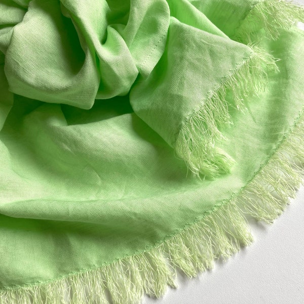 Neon green linen scarf, lime pure flax long frayed scarf, yellow green lime color women's shawl, head kerchief, solid bright mens bandana