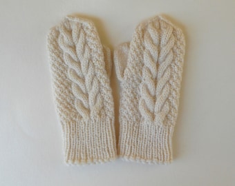 Ivory wool handknitted mittens, unisex hand knit winter gloves, bridesmaid favor for winter wedding, cabled off white mittens, gift for her