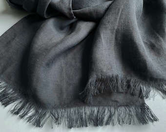 Dark gray linen scarf, long grey pure linen unisex shawl, oversized frayed casual men's scarf in minimalist style, gift for him