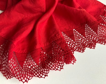 Bufanda de lino puro rojo con encaje de crochet ancho, chal de mujer de gran tamaño de color rojo brillante, regalo para esposa