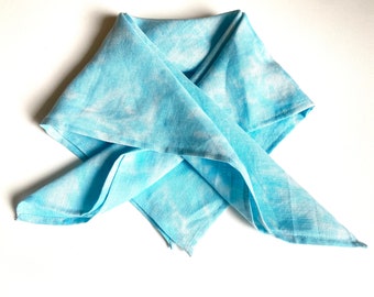 Blue white batik pure linen bandana, soft thin women's kerchief, hand dyed square scarf, gift for friend, abstract summer sky pattern