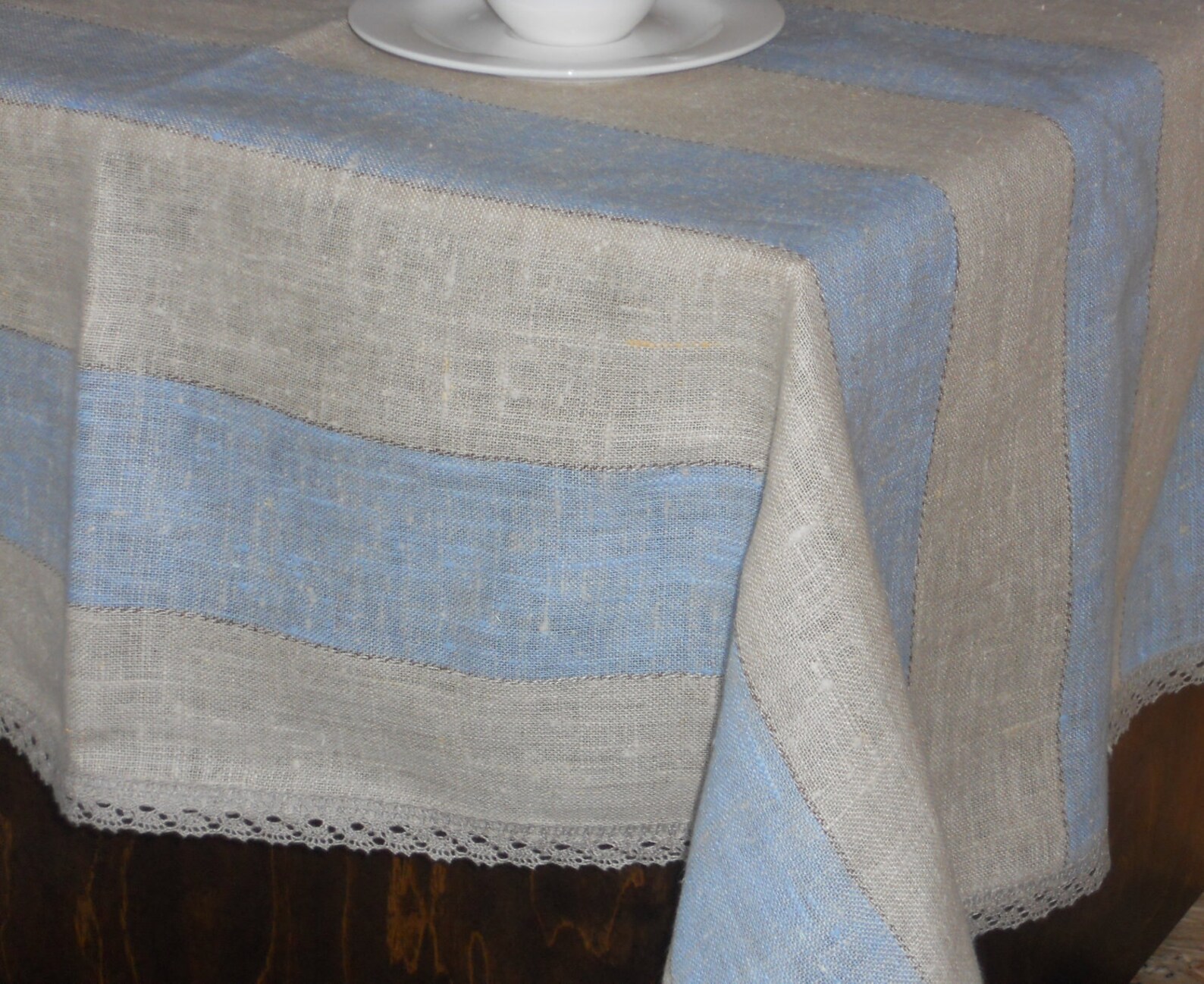 Linen tablecloth blue and grey striped with lace Etsy