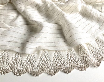Extra thin and soft pure linen gauze scarf with wide crochet linen lace, oversized ivory white striped womens shawl, wedding wrap