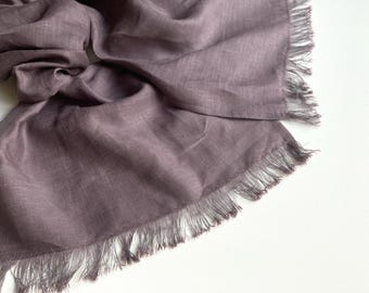 Violet Gray Linen Scarf: Unisex Soloid Dusty Plum Frayed Shawl