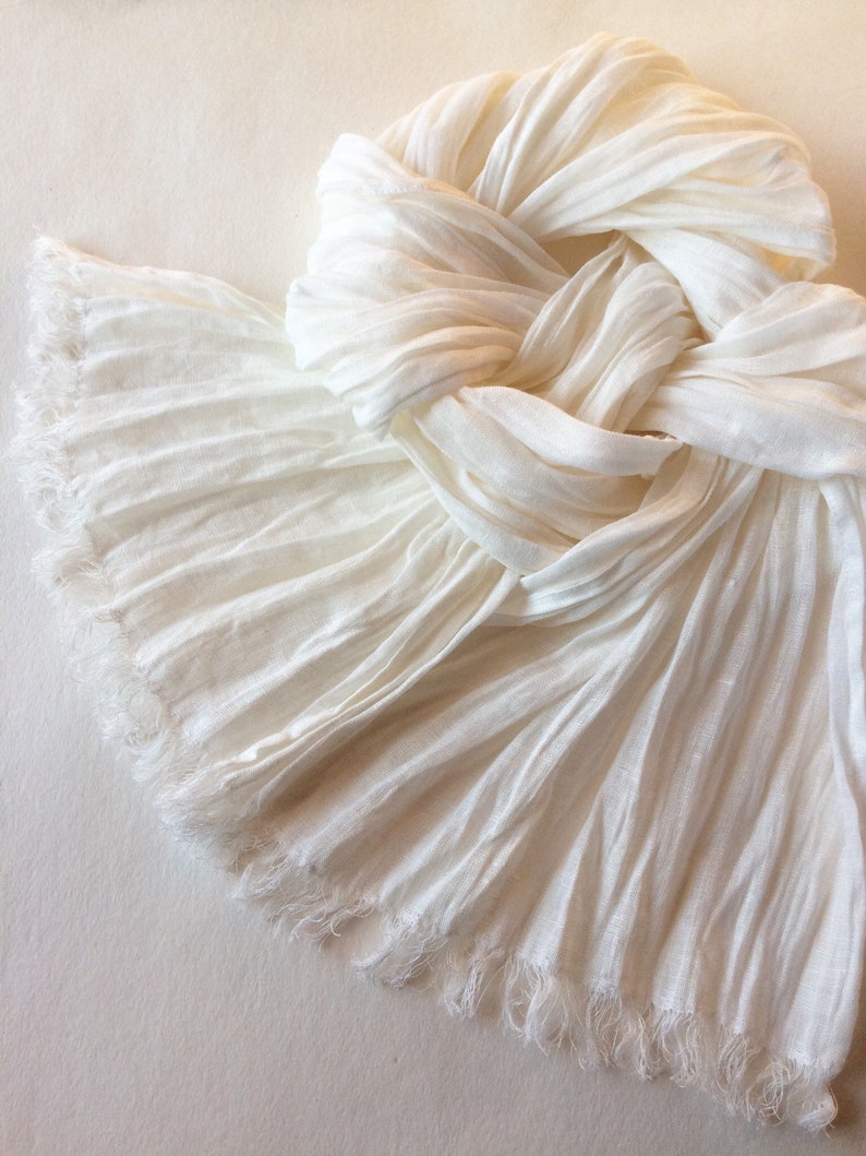 White linen scarf gift for her washed gauzy bridal scarf with fringe long lightweight shawl for women for men