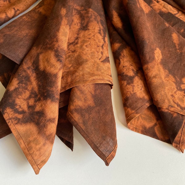Rust orange brown tie dye pure linen bandana, hand dyed batik men's head band, abstract pattern women's kerchief, square hair protect scarf