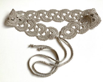 Crochet Linen Belt, Natural Undyed Flax Waistband, Folk Costume Sash