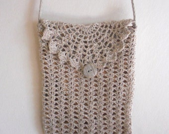 Travel wallet purse, crochet lace natural beige gray linen shoulder bag with long strap, gift for grandmother, womens accessory