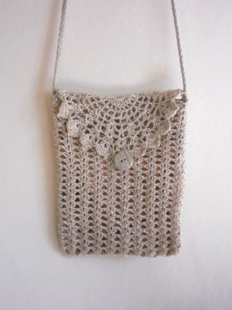 Travel wallet purse, crochet lace natural beige gray linen shoulder bag with long strap, gift for grandmother, womens accessory image 1