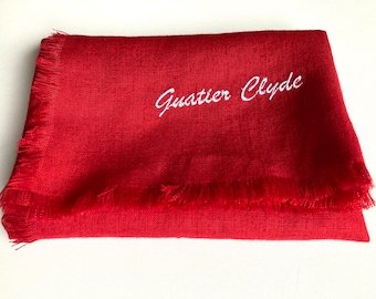 Embroidered pure linen bandana, personalized red neck scarf, custom made frayed square scarf, women's kerchief