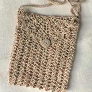 Travel wallet purse, crochet lace natural beige gray linen shoulder bag with long strap, gift for grandmother, womens accessory image 2