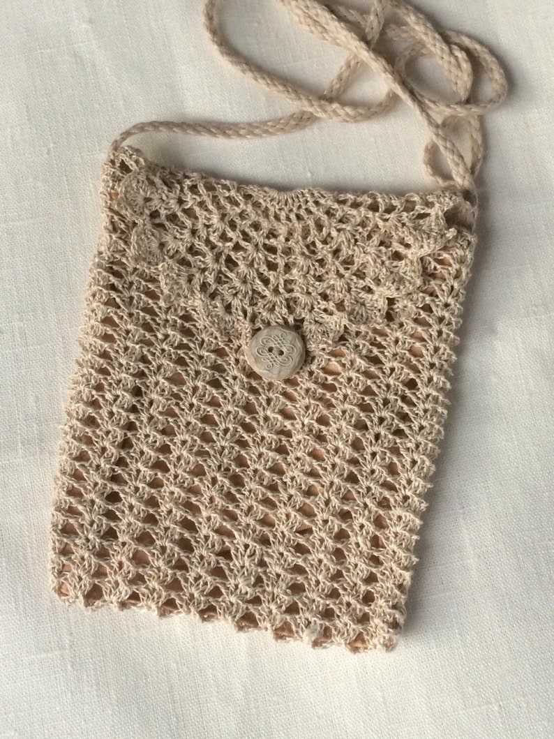 Travel wallet purse, crochet lace natural beige gray linen shoulder bag with long strap, gift for grandmother, womens accessory image 2