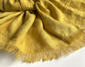 Mustard yellow pure linen scarf, soft frayed unisex shawl, dusty yellow men's casual shawl, summer gift for him or her, solid accessory