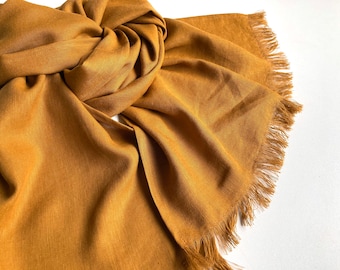 Ginger brown orange linen viscose scarf, soft frayed unisex shawl, pumpkin color flax rayon mens neck wrap, unisex gift for him or her