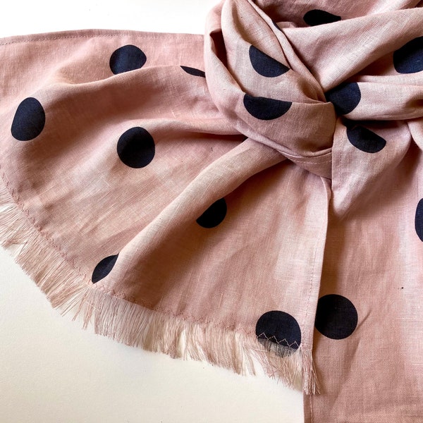 Polka dot linen scarf, dusty pink pure flax bandana, long unisex scarf, powder pink head wrap, black round ring print, women summer kerchief