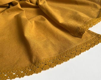 Curry yellow pure linen scarf with small lace, oversized unisex shawl