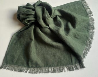 Dark Green Linen Scarf: Frayed Flax Shawl, Unisex Outfit