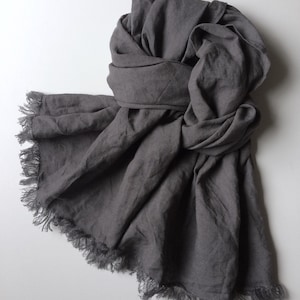 Asphalt gray linen scarf, oversized dark grey pure linen unisex shawl, long frayed casual men's scarf in minimalist style, hijab, sarong