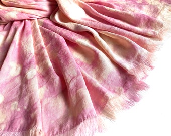 Pink ivory tie dye linen scarf, large soft shawl for women, oversized hand dyed boho style wrap, gift for her