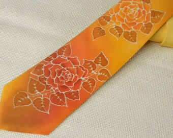Hand painted silk necktie with orange roses, spring wedding gift for him, original anniversary gift, wearable art, designers accessory