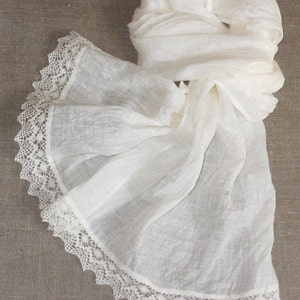 Linen Bridal Shawl: Natural White Scarf with Crochet Lace, Large Light weight Wedding Wrap
