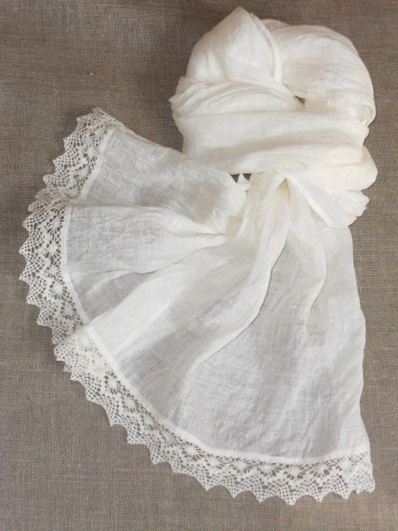 Natural white pure linen scarf with a delicate crochet lace trim at ends. Available natural undyed beigy color, different sizes.