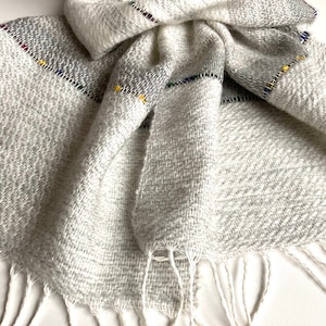 White gray striped shawl, hand woven wool mohair scarf with fringe, warm unisex men women winter accessory, cozy Valentines gift gor husband