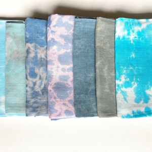 Batik pastel color pure linen bandana, hand tie dye pale blue green bandana, abstract pattern women kerchief, small square head cover scarf