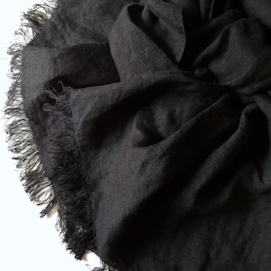 Black linen scarf, black solid pure linen unisex shawl, long frayed men&#39;s scarf in minimalist style, gift for friend, gift for dad