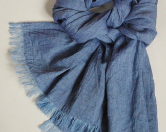 Blue linen scarf, soft blue pure flax men's scarf, all season denim blue shawl for women, Mother's day gift, gift for friend