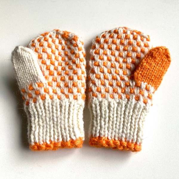 Knit toddler mittens, hand knit children gloves with orange polka dot, warm pure wool mitts for child, custom color for girl or boy