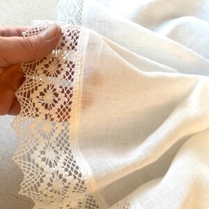 Linen Bridal Shawl: Ivory White Scarf with Crochet Lace, Large Wedding Wrap, Prayer Veil image 3